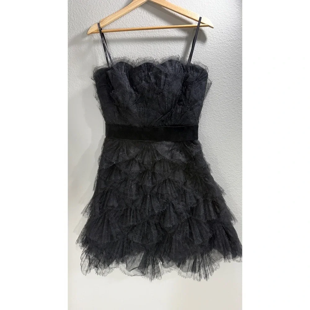 Tadashi Shoji Black Tulle Ruffled Silk Contrast Strapless Bustier Dress Sz 4 - Picture 12 of 12